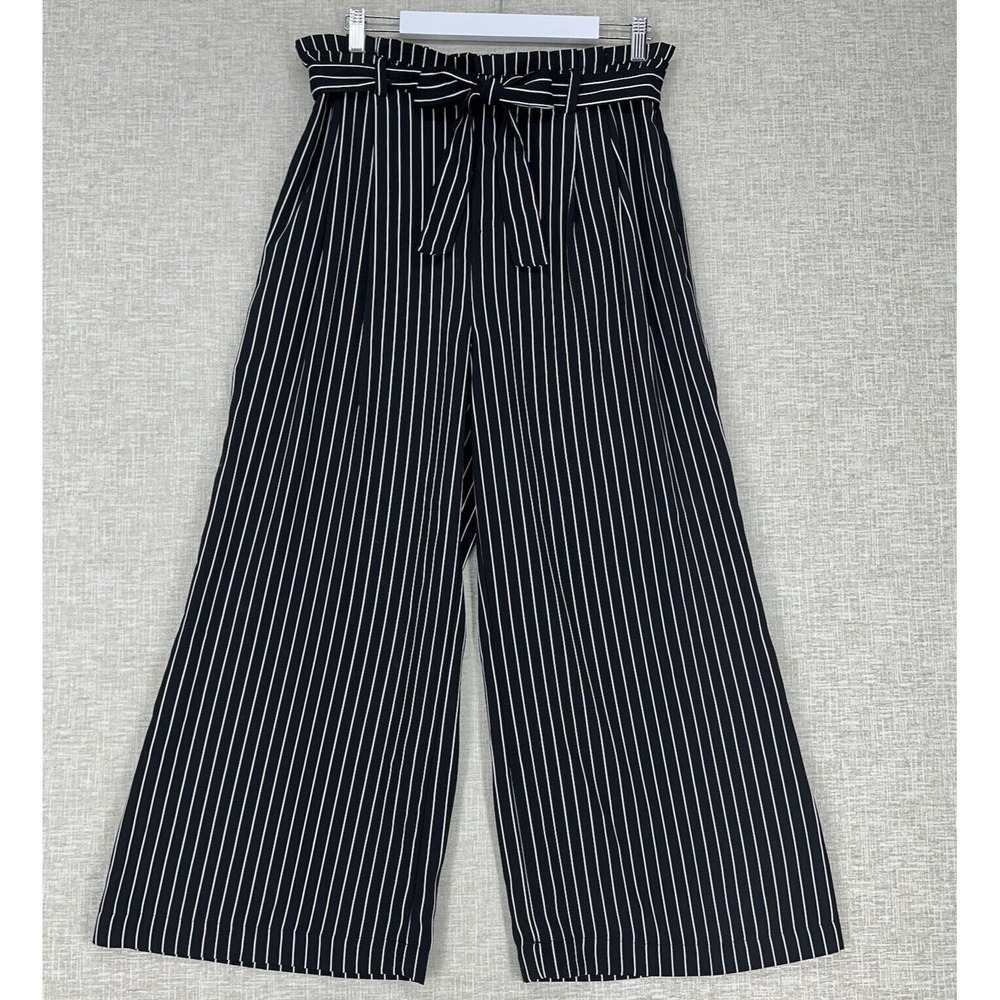 Who What Wear Dress Pants Large Black White Striped Wide Leg Paper Bag Waist